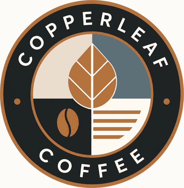 Copperleaf Coffee badge logo as a raster PNG, in charcoal, copper, cream and slate blue